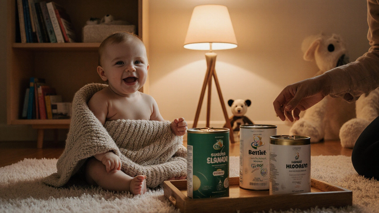 Baby smiling in a nursery while caregiver considers a tray of different formula cans.