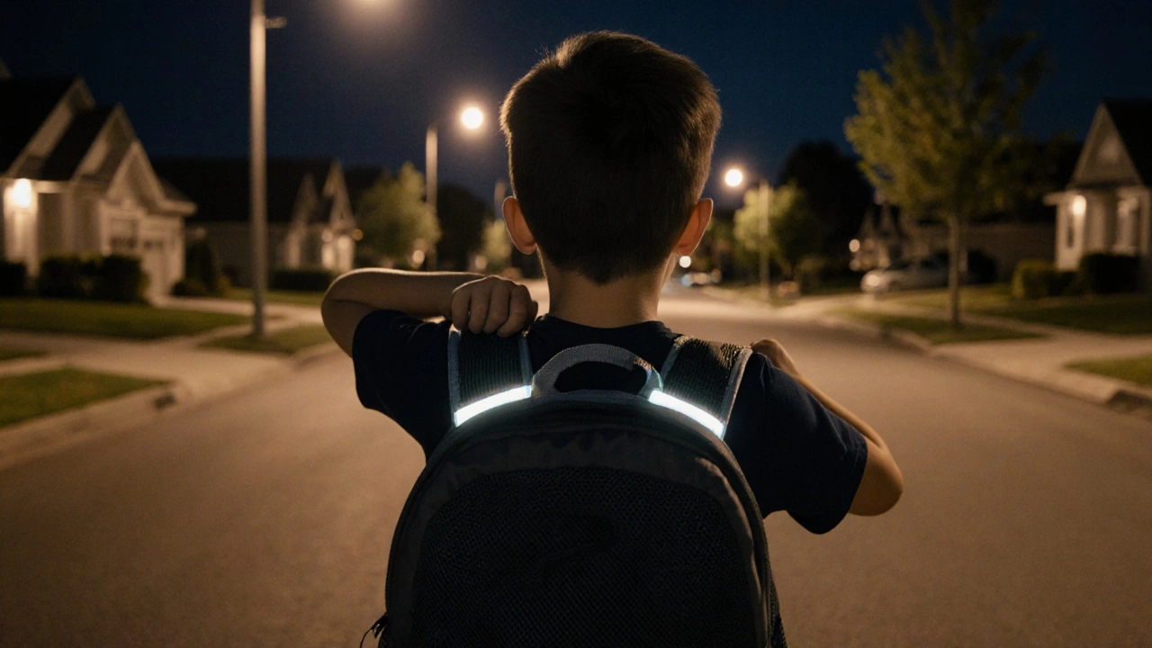 Child adjusting ergonomic straps on a backpack at night with reflective strips glowing.