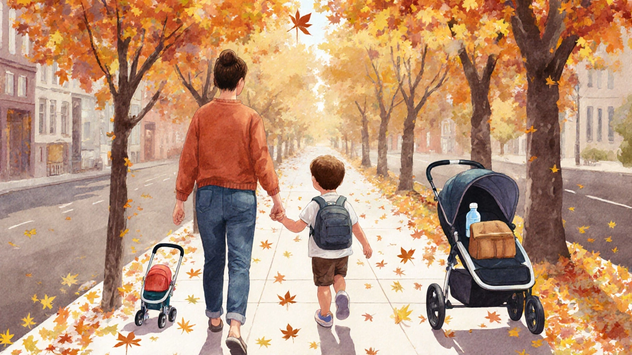 Child walking hand-in-hand with parent, holding a toy stroller.