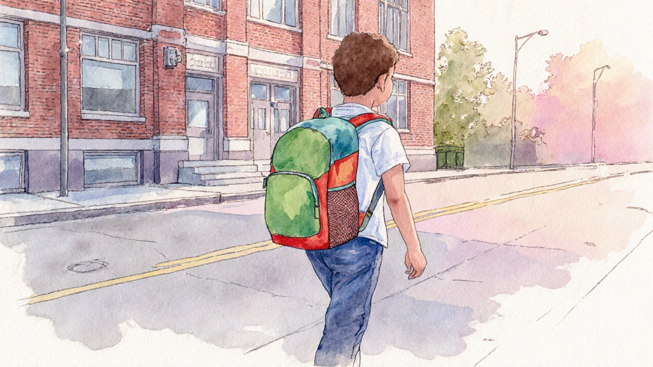 Child walking to school with an ergonomic backpack on a sunny morning.