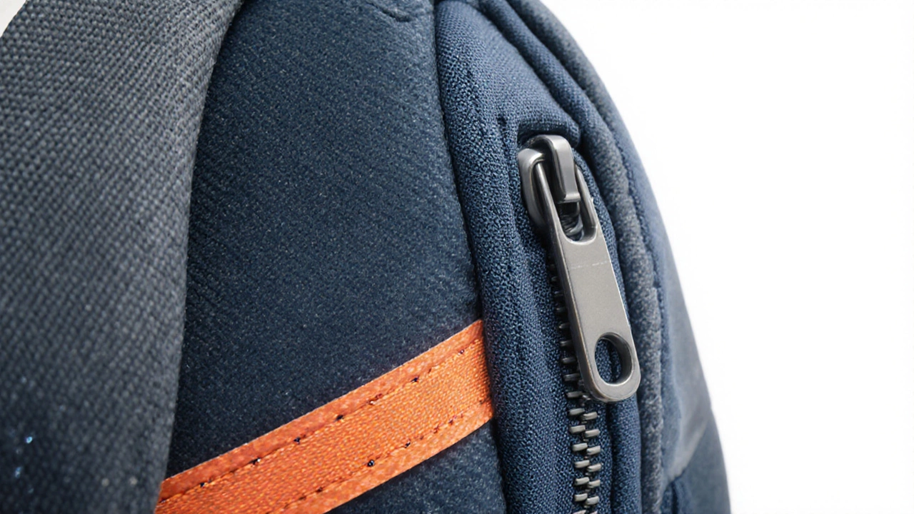 Close‑up illustration showing fabric weave, stitching, and metal zipper of a backpack.