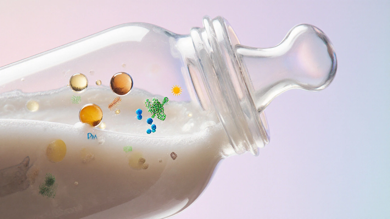 Close‑up of a formula bottle showing glowing droplets of DHA, ARA and other nutrients.