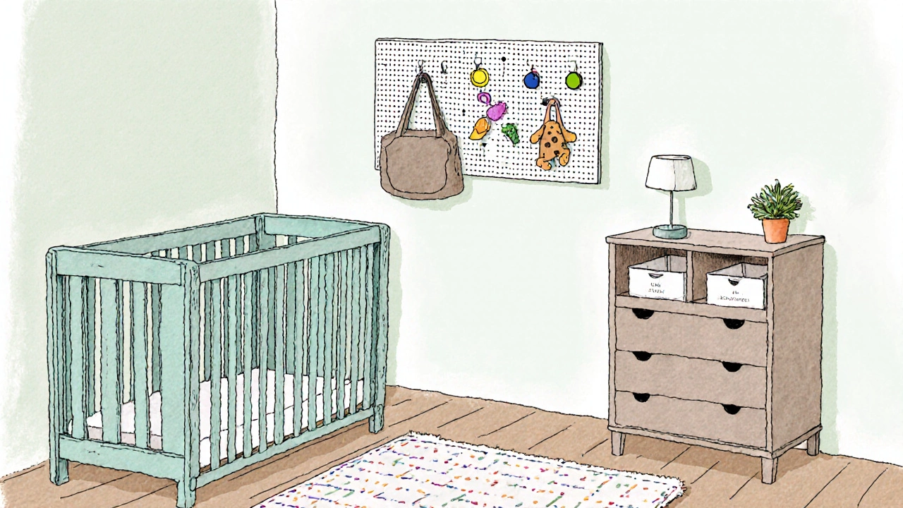 DIY nursery corner with pallet crib, pegboard organizer, and drawer dividers on pastel walls.