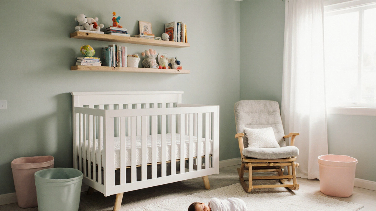 Finished nursery with crib, glider, wall shelves, storage bins, and a sleeping baby.
