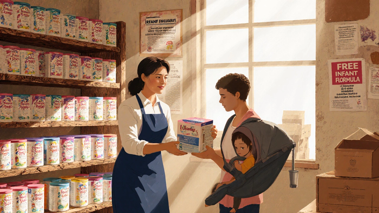 Food bank volunteer giving a box of infant formula to a parent with a baby.