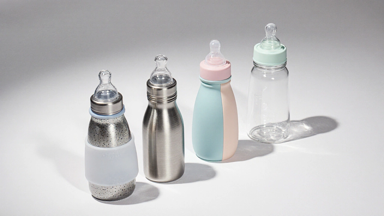 Four different microplastic‑free baby bottles (glass, stainless steel, silicone, Tritan) displayed on a white surface.