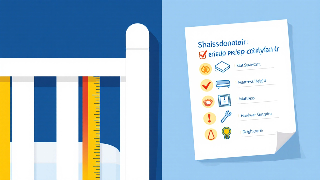 Illustrated crib with ruler measuring slat gaps and a safety checklist beside it.