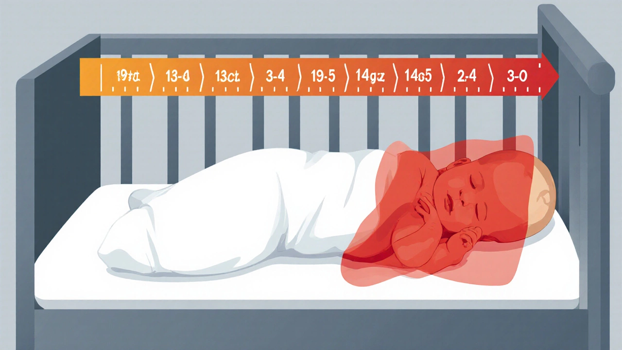 Illustration of baby in crib with a loose blanket near the face, marked as a risk period.