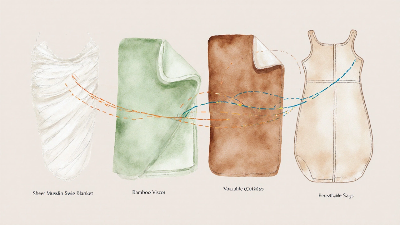 Illustration of four breathable baby blanket types with visual airflow cues.