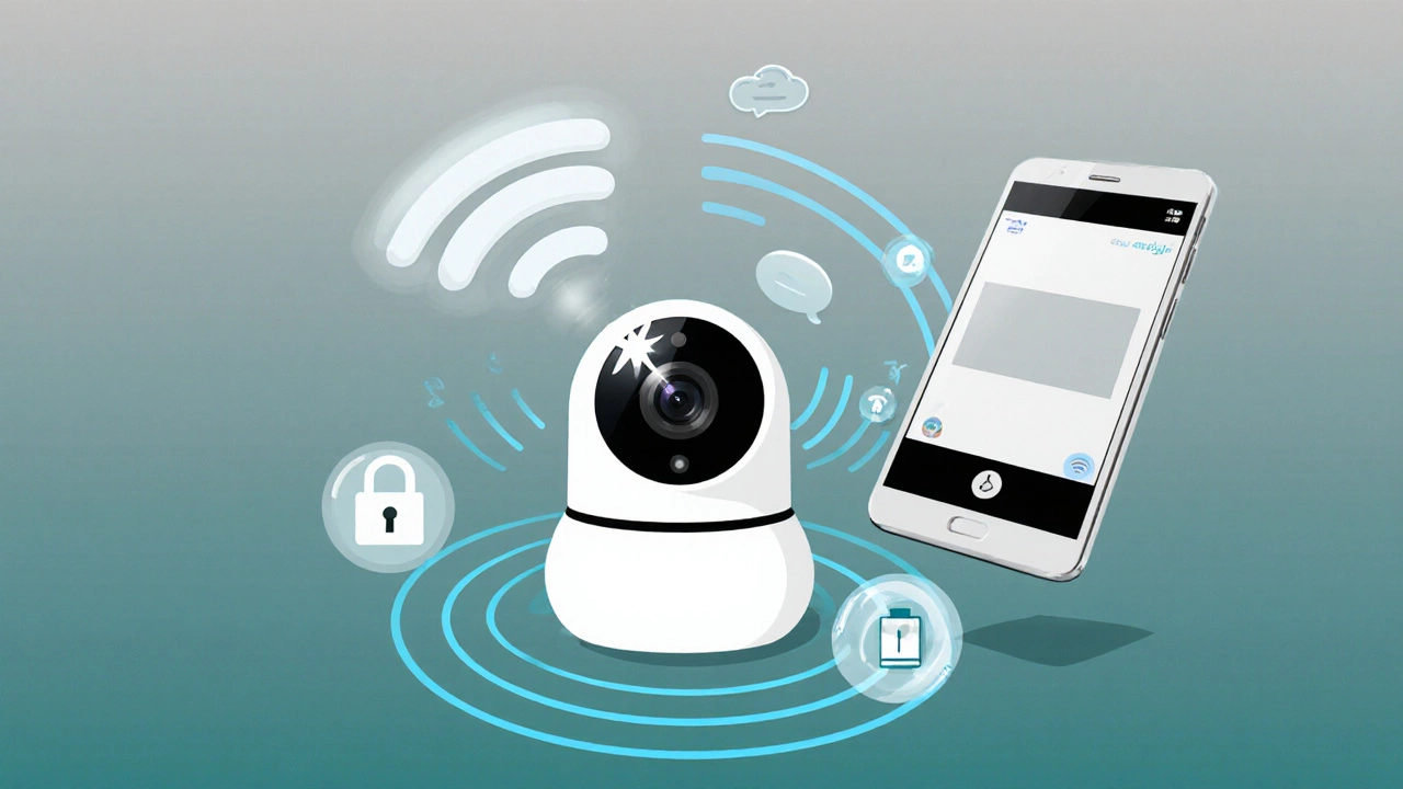 Illustration shows a baby monitor, Wi‑Fi signals, lock, audio and battery icons surrounding a smartphone.