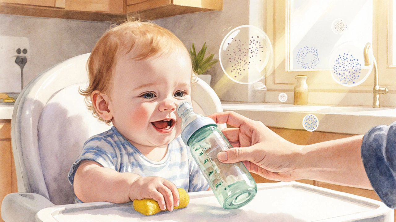 Infant drinking from a glass bottle while a parent cleans it; a shield graphic blocks microplastic particles.