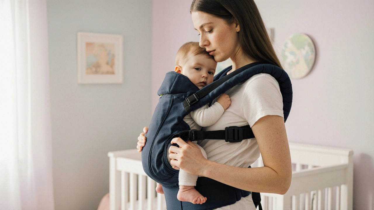 Mother adjusting a carrier, ensuring baby's hips are in M‑position and straps sit correctly.