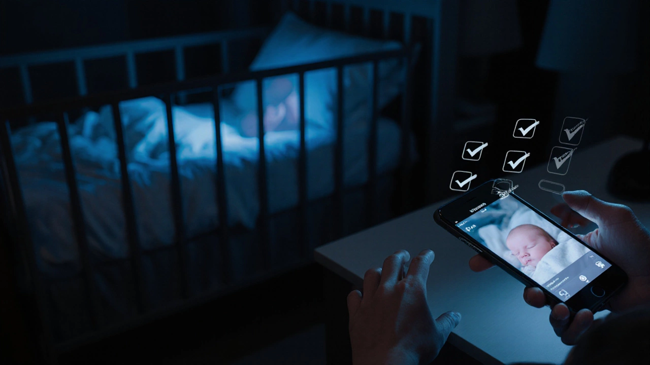Night‑time bedroom scene with a phone displaying a baby’s live feed and a caregiver&#039;s hand reaching for it.