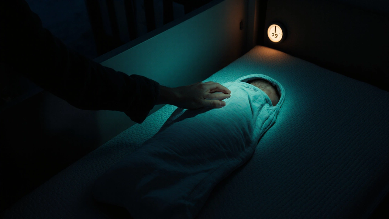 Nighttime nursery scene with a baby sleep sack and parent checking the baby.