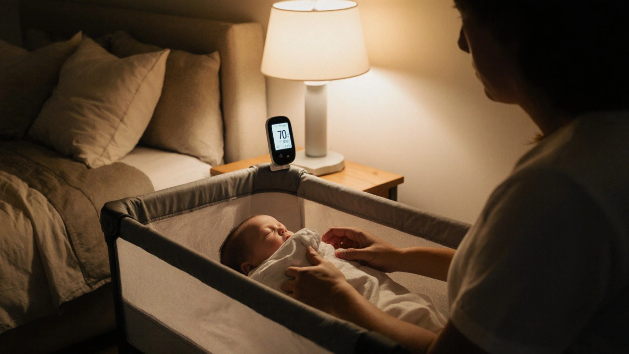 Parent cuddling baby in a bedside bassinet with thermometer, showing a safe sleep setting.