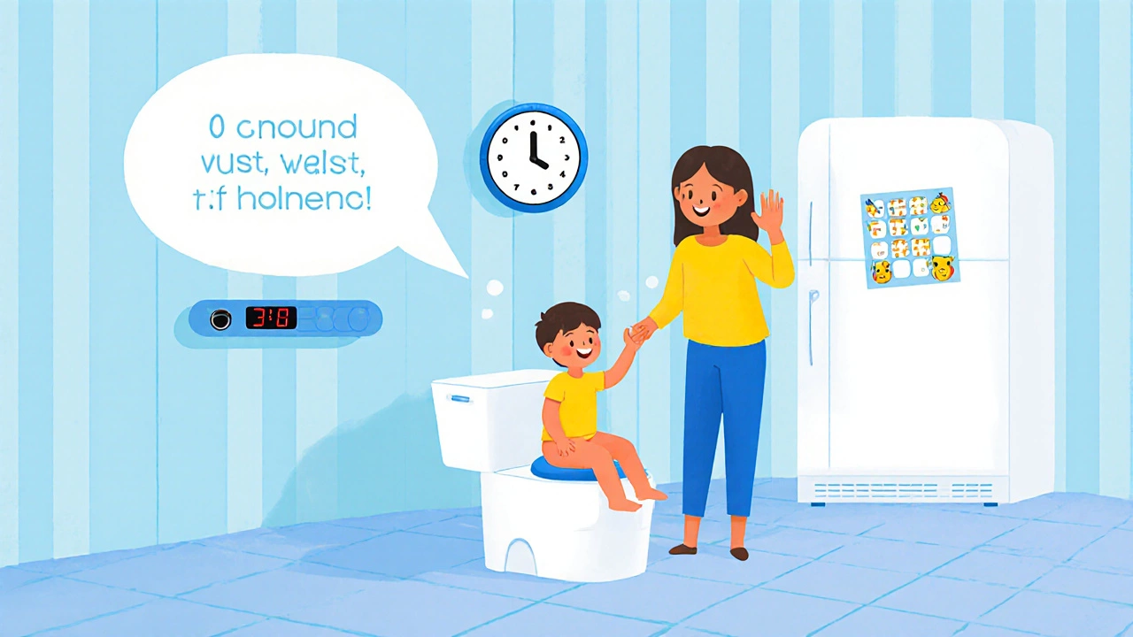 Parent guiding child to a potty with a timer and sticker chart in a warm bathroom.