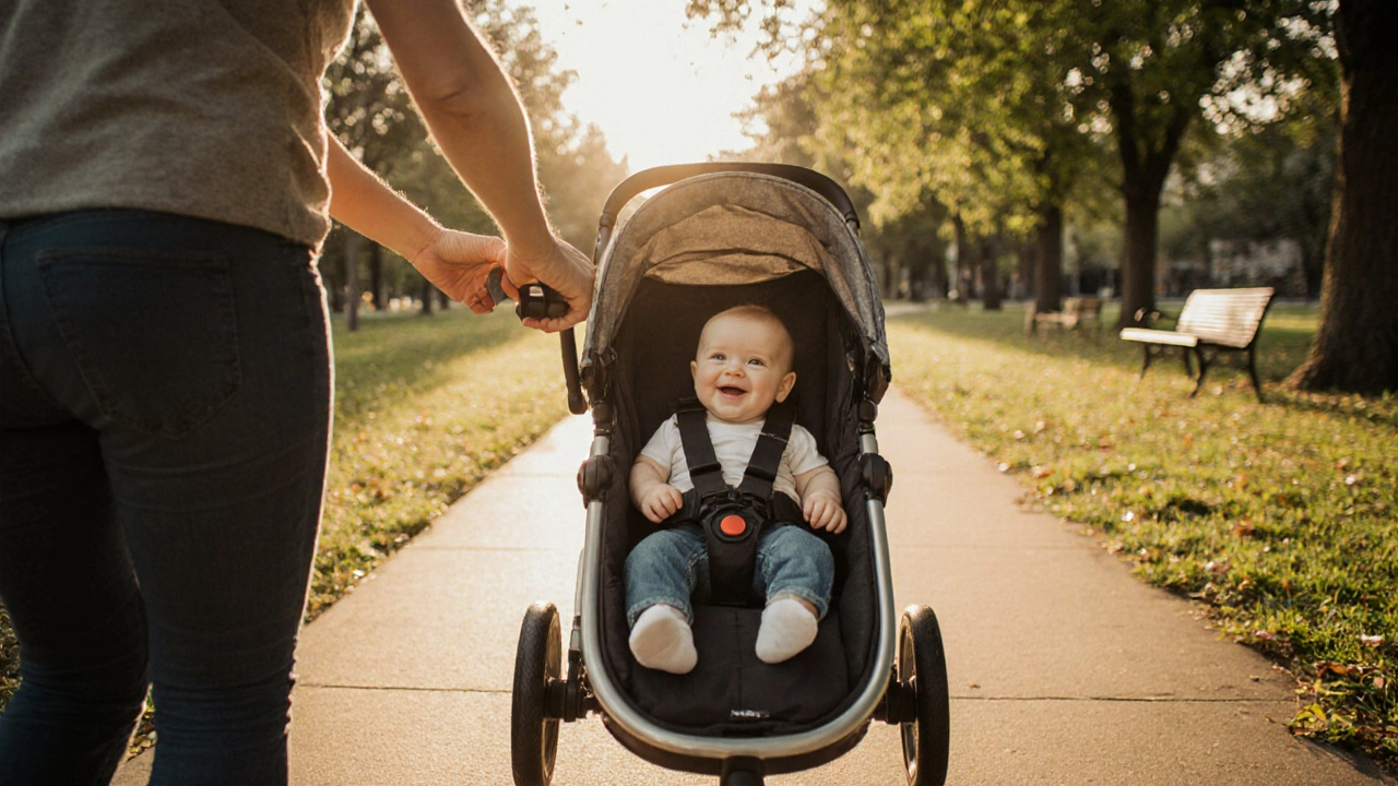 Parent pushing a convertible stroller with a happy baby in a park at golden hour.