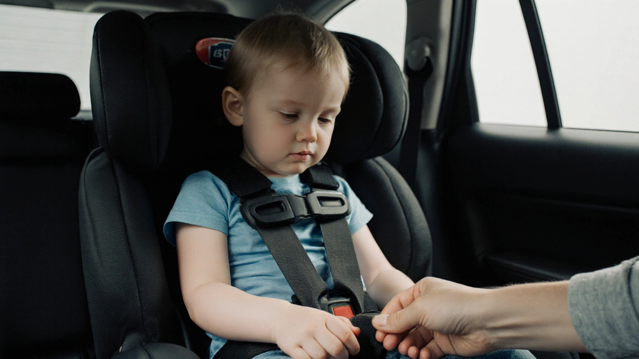 Parent tightening seat belt on a child sitting in a high‑back booster, showing correct lap and shoulder placement.