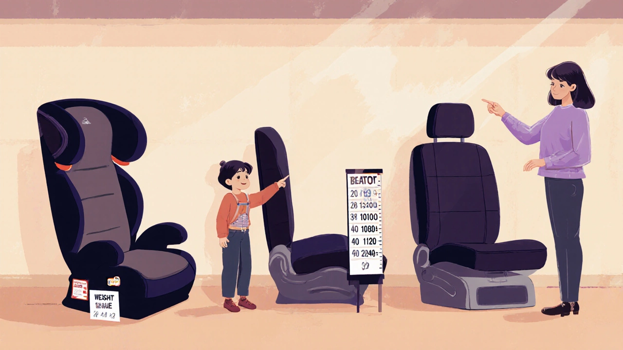 Showroom scene with three booster types and a child with parent choosing the right seat.