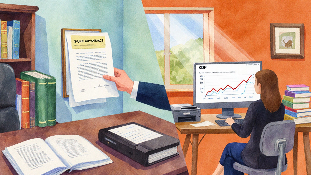 Split scene comparing a traditional publisher's office with an author's home studio, showing advances and royalties.