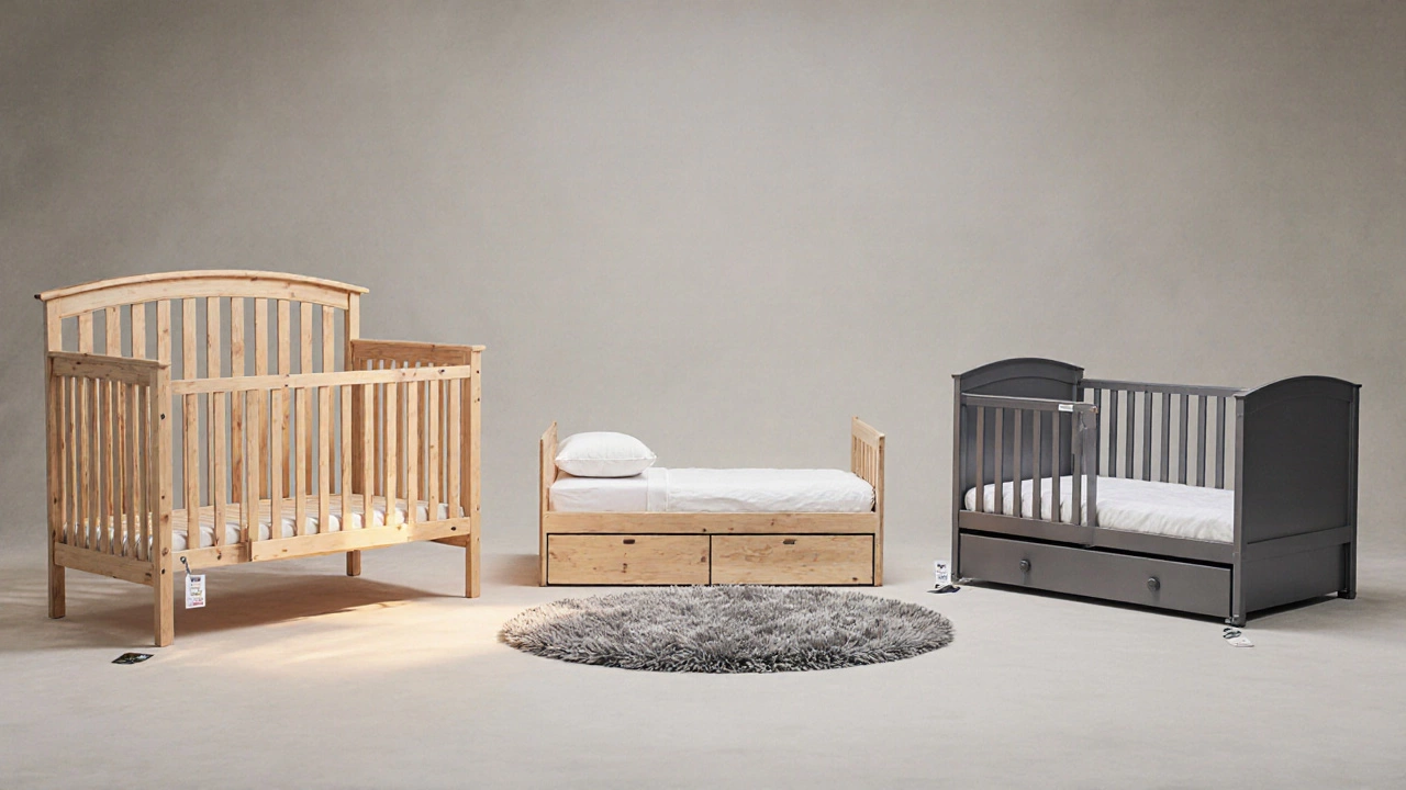 Studio display of three top toddler beds – convertible crib, floor bed set, and metal classic bed – with price tags.
