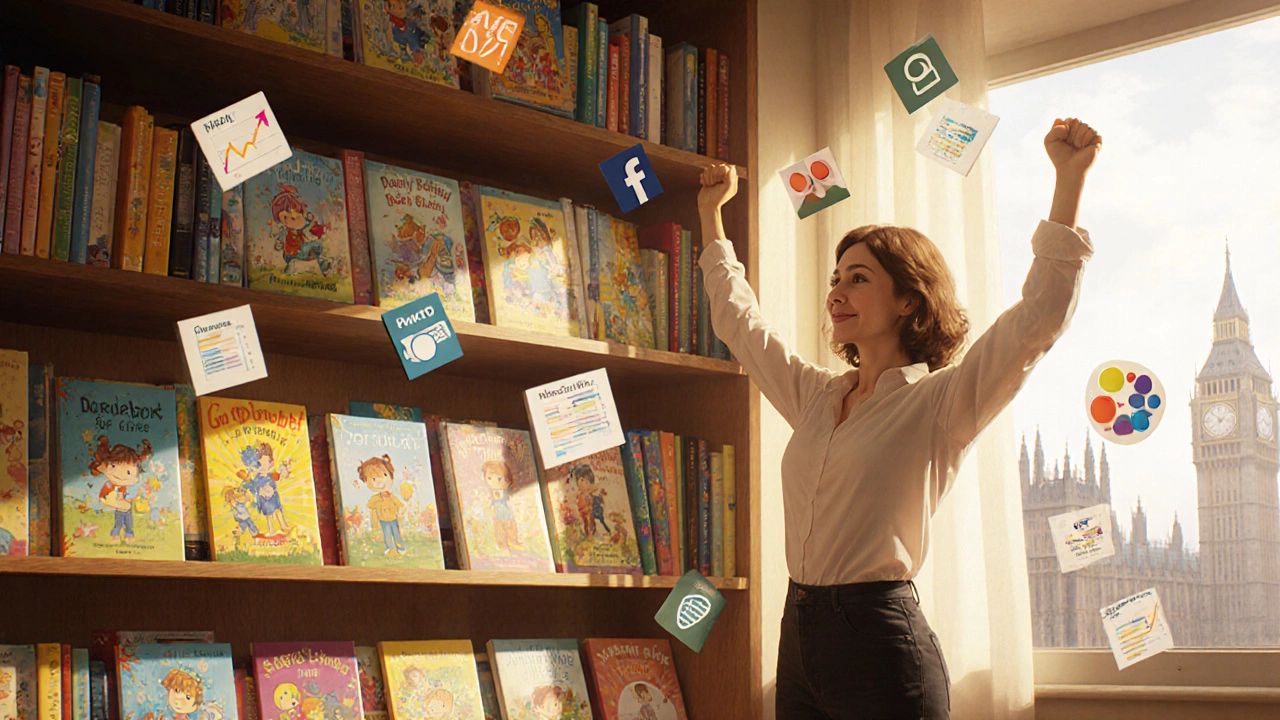 Successful author beside a shelf of colorful series books with marketing icons and illustration tools.