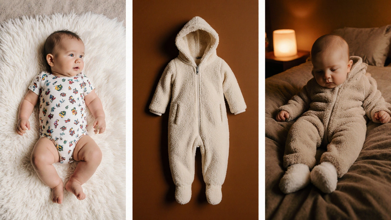 Three babies showing a bodysuit, a sleep sack, and footed pajamas.
