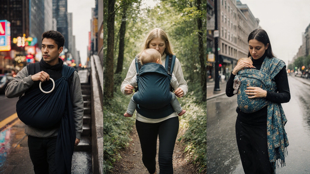 Three parents using different carrier styles: ring sling on subway, structured carrier on a forest trail, breathable wrap in rainy city.