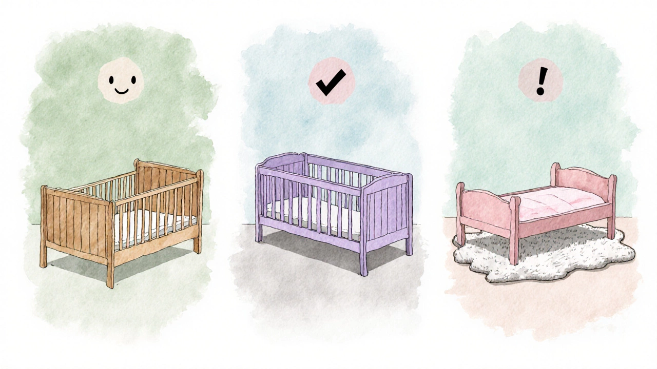 Three side‑by‑side illustrations of a traditional toddler bed, a convertible crib, and a floor bed with rug.