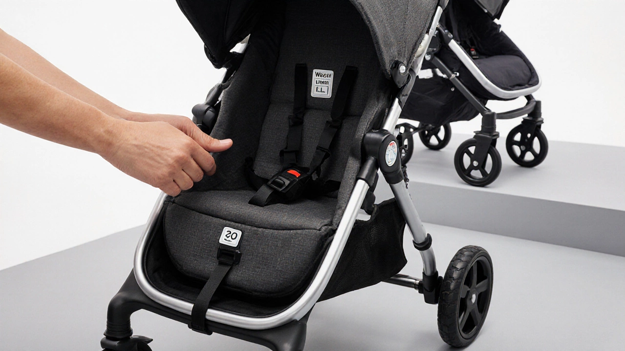 Three stroller types displayed with weight limit tags; hands show harness and brake demonstration.