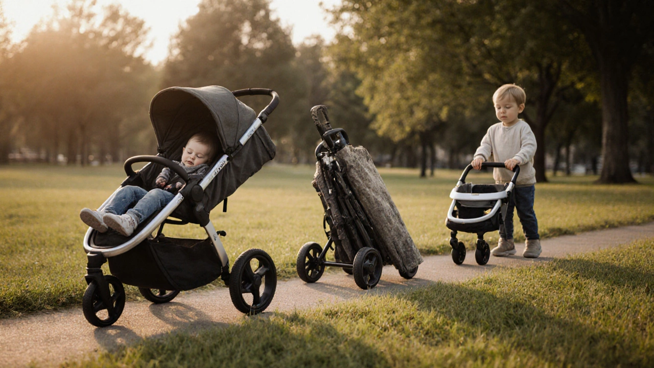 Three strollers in a row symbolizing a child&#039;s growing independence.