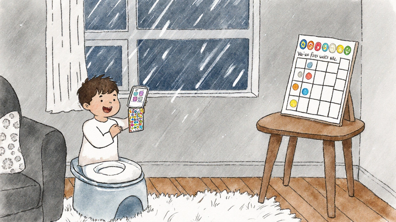 Toddler holding a sticker after potty success in a rainy Vancouver living room.