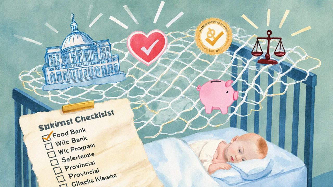 Watercolor safety net of program icons protecting a sleeping baby.