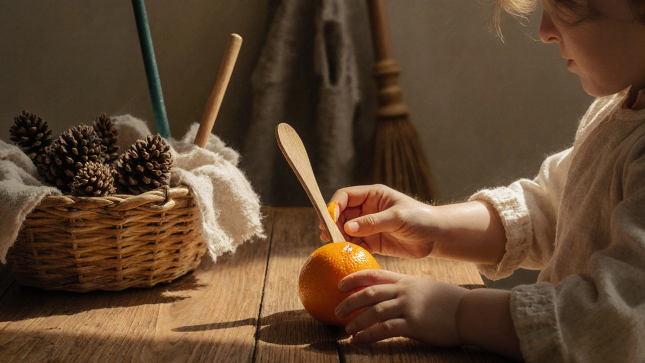 A child&#039;s hands peeling a real orange with a wooden spoon beside a basket of natural materials.