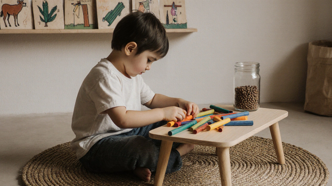 A child arranging colored wooden rods in order on a low table surrounded by simple wooden puzzles.
