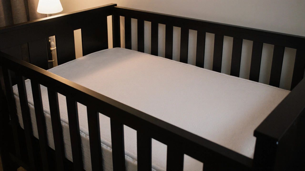 A firm crib mattress with a waterproof cover and single fitted sheet, no extra items in the crib.