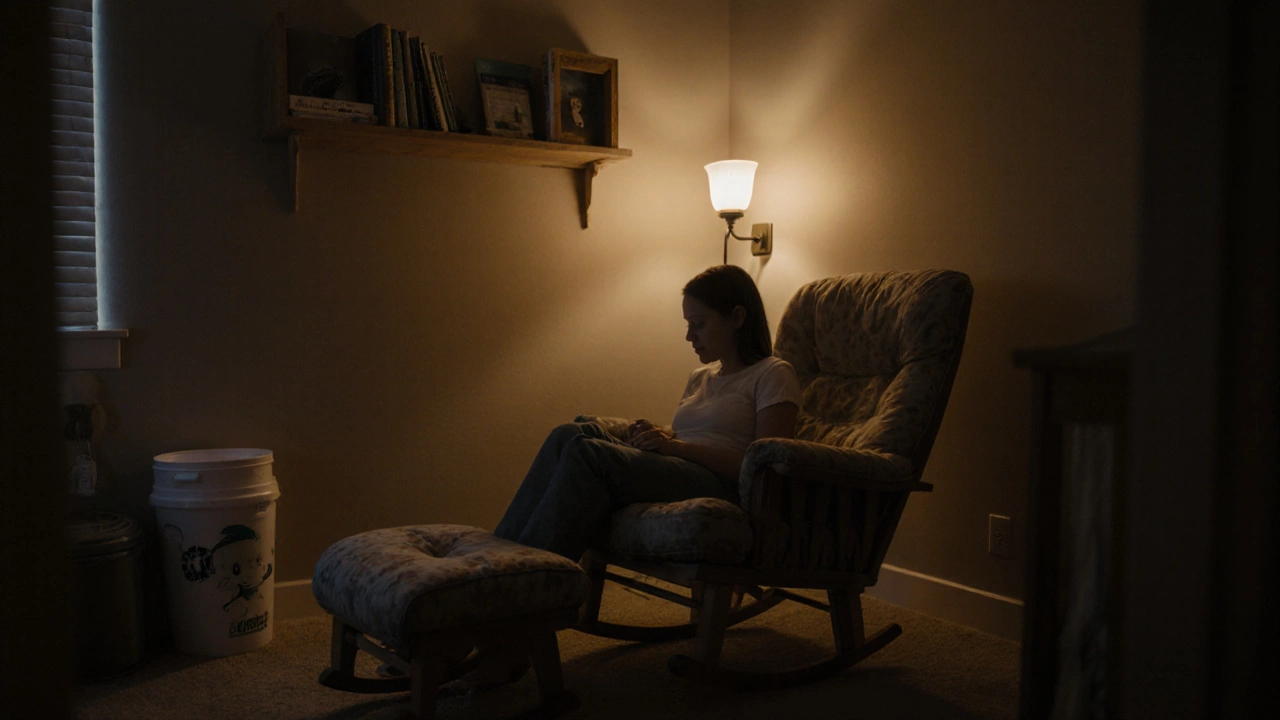 A parent rocking in a plush glider at night with soft lighting, diaper pail, and storage bins nearby.