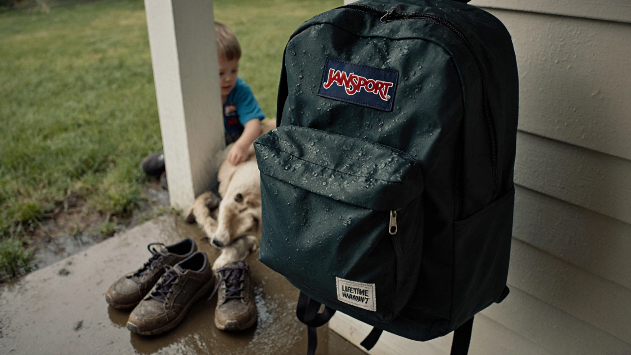 A worn JanSport backpack hanging on a hook with a dog’s chewed zipper repair kit beside it, raindrops on the fabric.