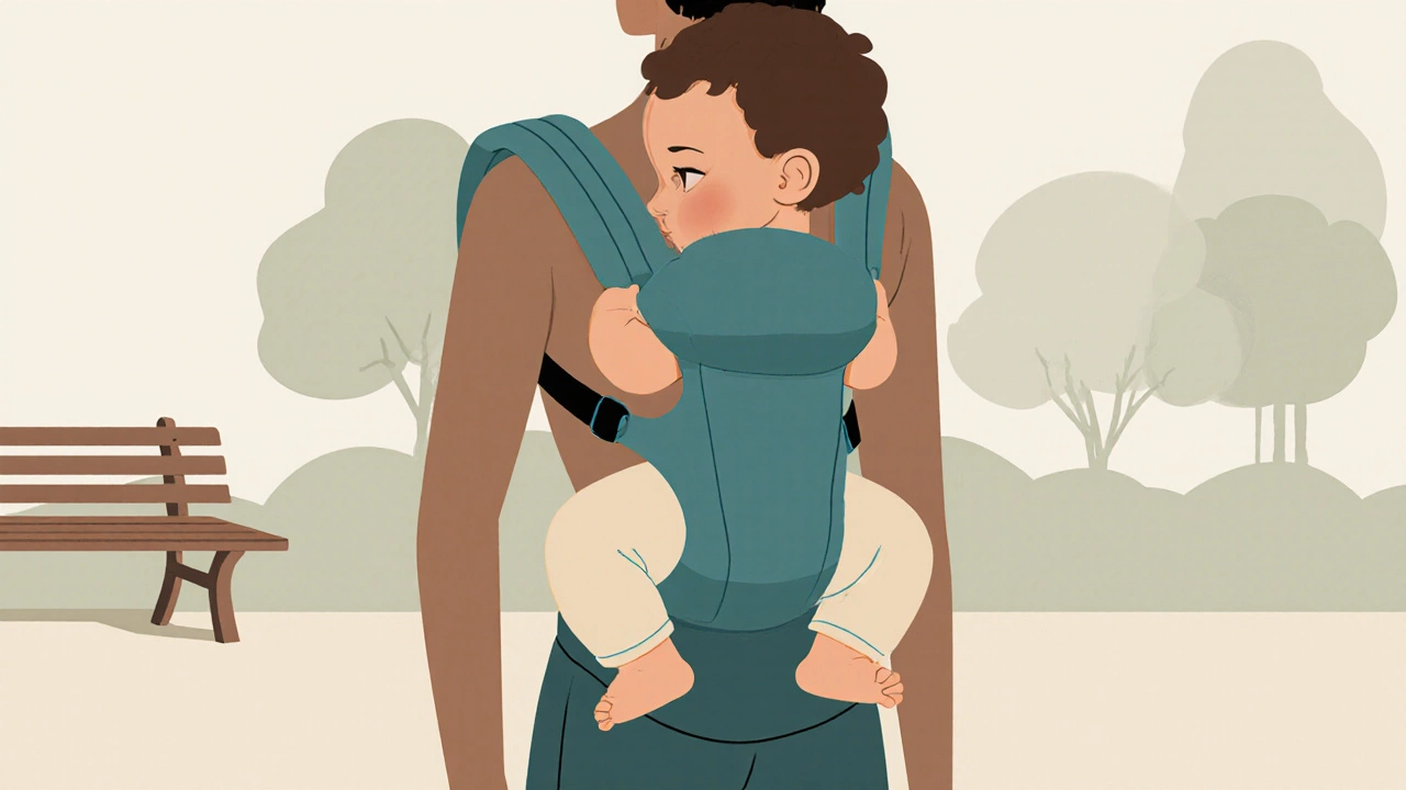 Baby facing inward in a supportive carrier, resting against parent&#039;s chest in a park setting.