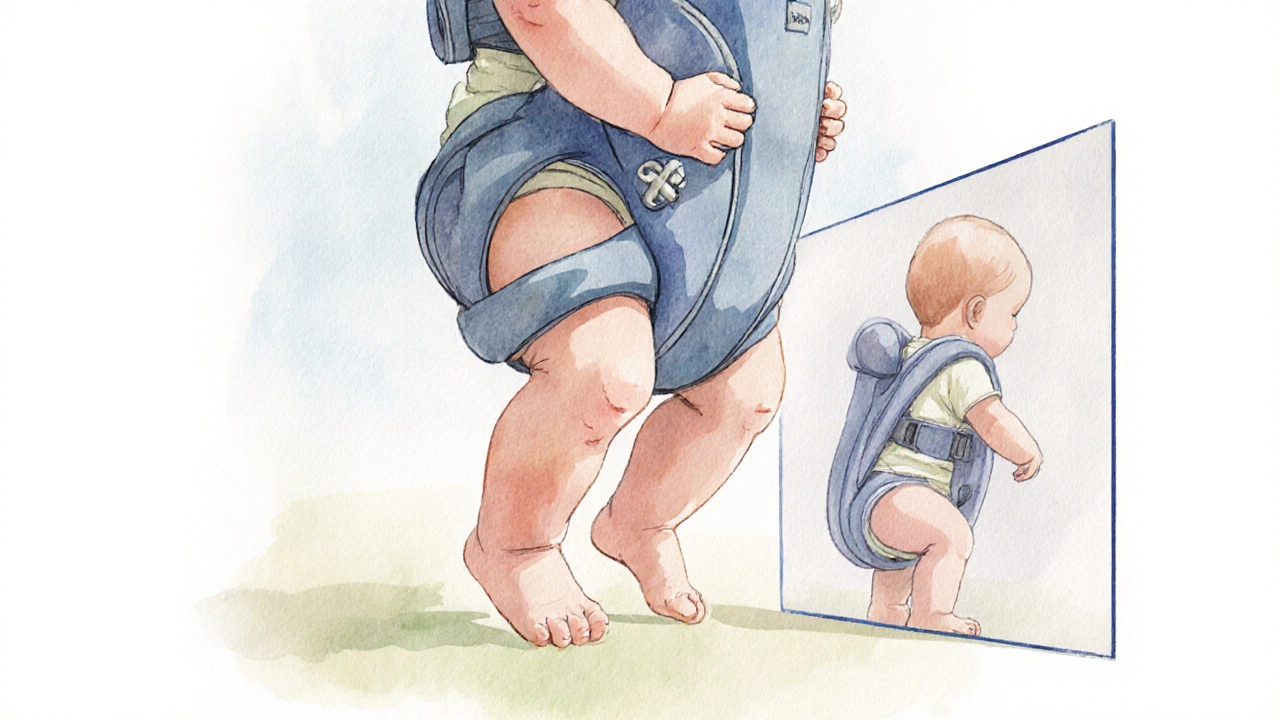 Baby held safely in ergonomic carrier with knees bent and thighs spread in M-position.