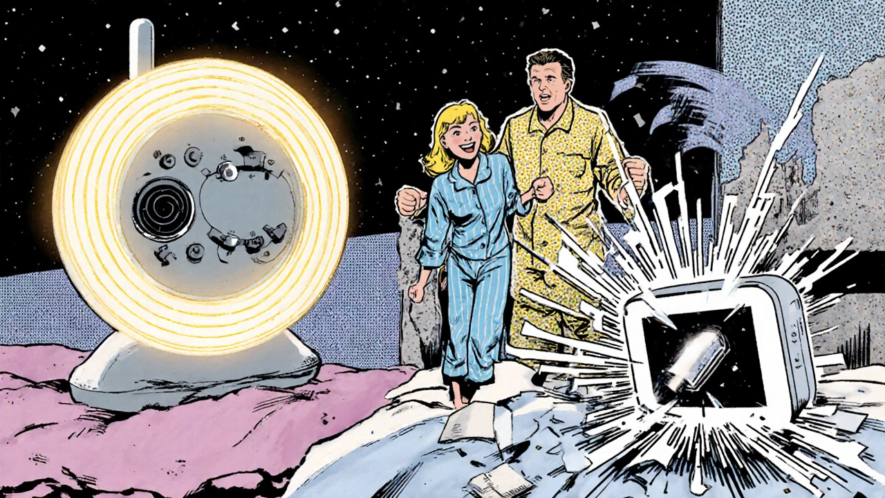 Comic book style battle between analog and Wi-Fi baby monitors, with analog monitor winning against interference.