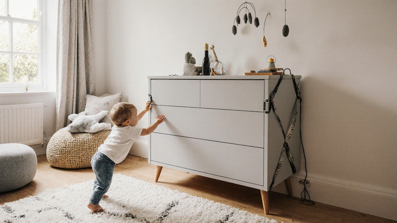 Dresser securely anchored to wall, baby pulling up, no decorative items or loose cords.