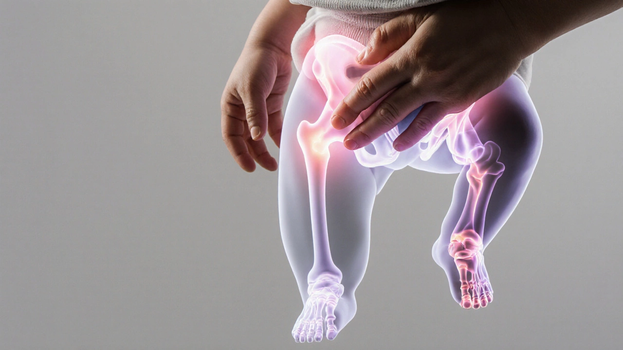 Hand placing baby into hip-healthy carrier with anatomical overlay showing proper joint alignment.