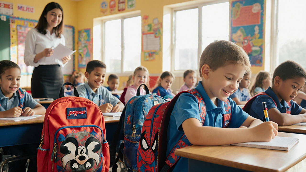 Kids in a classroom with JanSport backpacks featuring Mickey Mouse and Spider-Man designs, sunlight streaming through windows.
