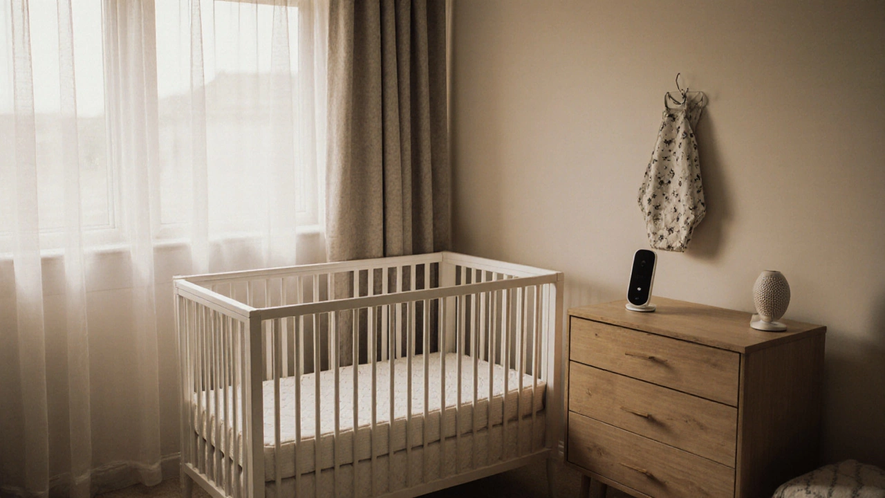 Minimalist nursery with a safe crib and no loose bedding, lit by morning light.