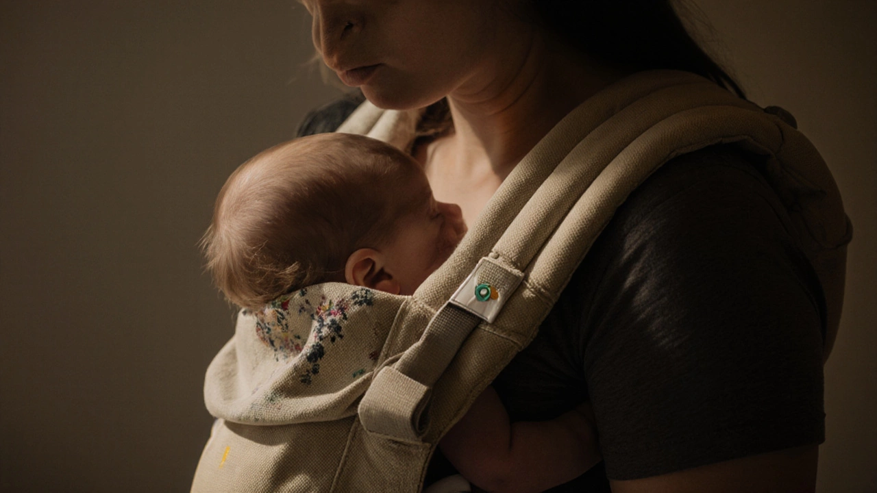 Newborn in a baby carrier curled in a C-shape, facing inward with head and hips properly supported.