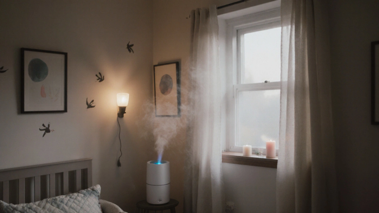 Nursery with wall decals, humidifier, and open window—no candles, diffusers, or clutter.
