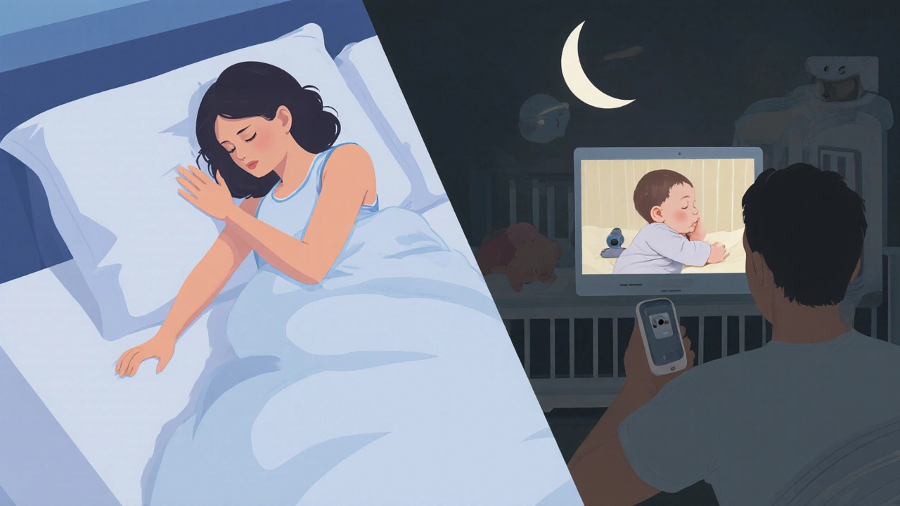 Parent watching baby in nursery via video monitor while another reaches toward bedside sleeper.