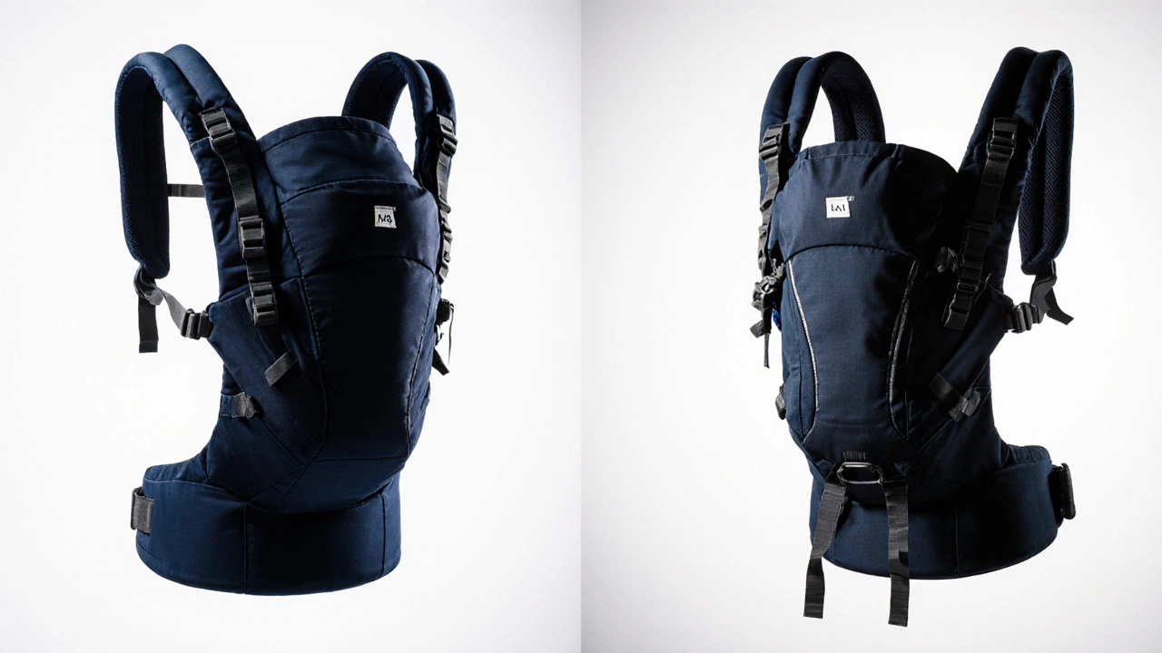 Side-by-side comparison of a safe baby carrier versus a risky one, highlighting spinal alignment.