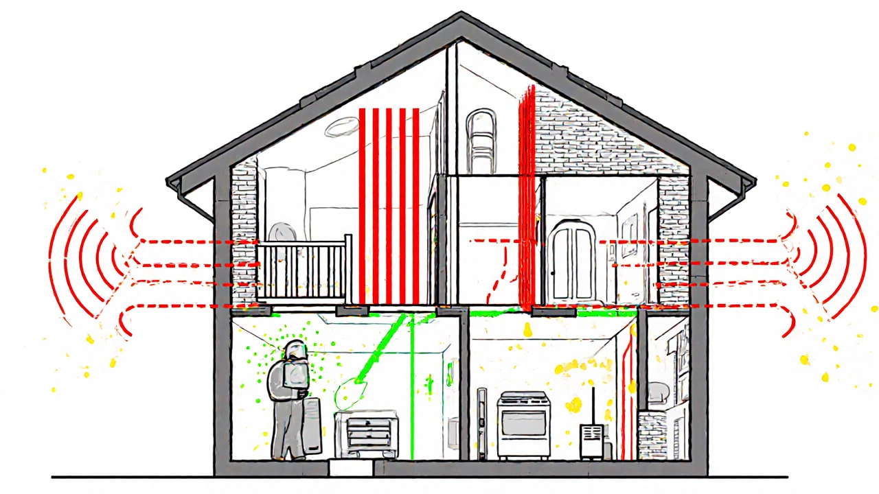 Technical cross-section of a house showing signal interference from walls and appliances, with DECT waves penetrating successfully.